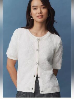 Maeve Short-Sleeve Floral Embellished Cardigan Sweater